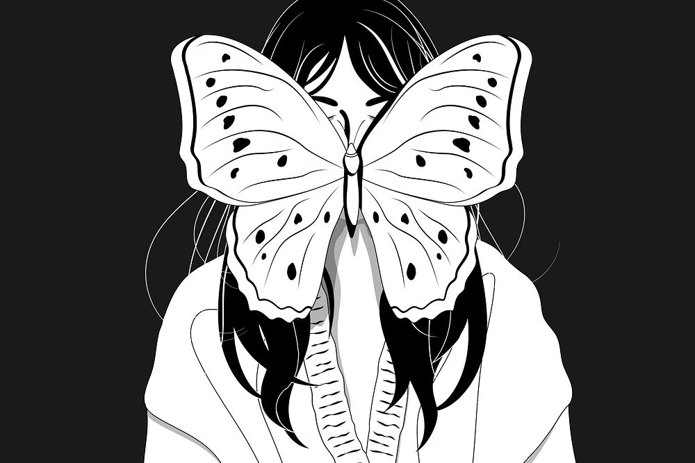 Butterfly on woman face background, black and white design psd