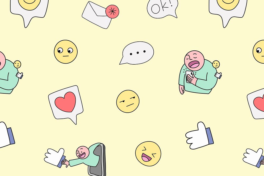 Yellow pattern background, social media emoticon doodle