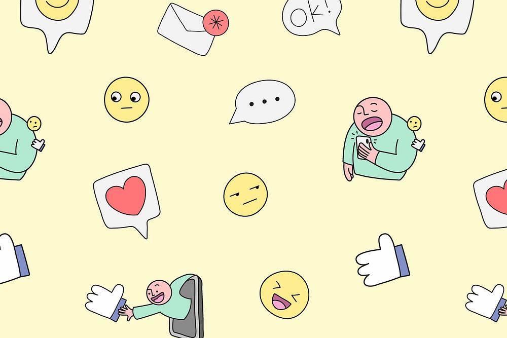 Yellow pattern background, social media emoticon doodle psd