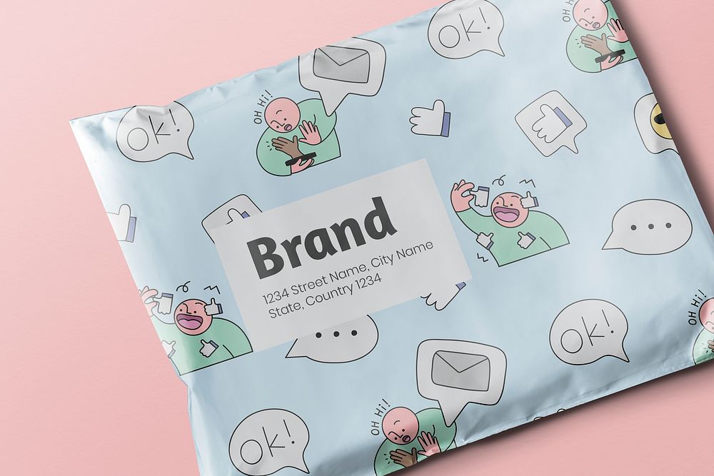 Parcel bag mockup, cute emoticon pattern packaging design psd