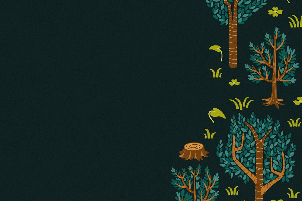Forest border, black background, aesthetic nature illustration
