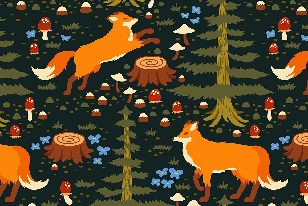 Fox seamless pattern background, fairytale animal cartoon vector