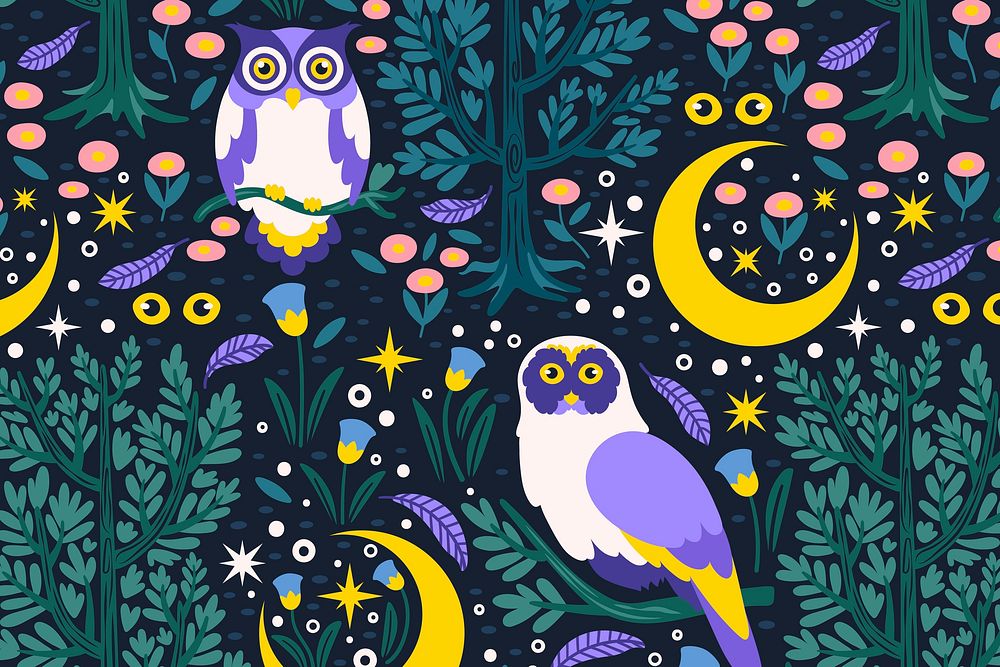 Cute owl seamless pattern background, fairytale animal illustration vector