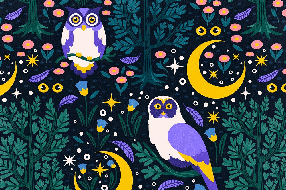 Colorful owl pattern background, animal illustration