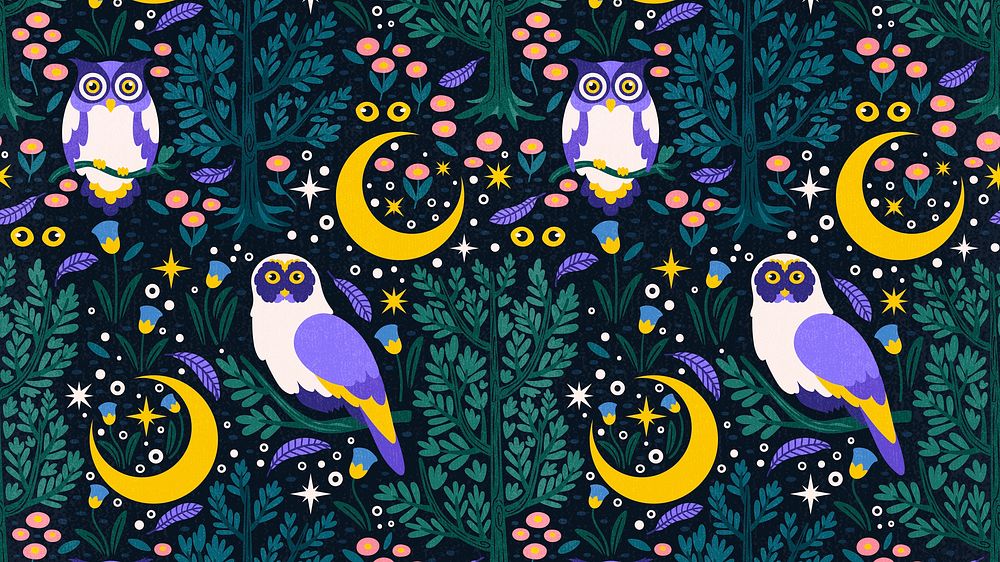 Owl pattern desktop wallpaper, cute fairytale animal cartoon design