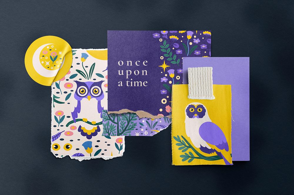 Owl paper mood board, fairytale animal illustration design 