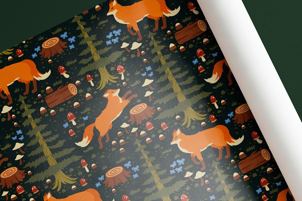 Fox pattern poster mockup, fairytale forest design psd