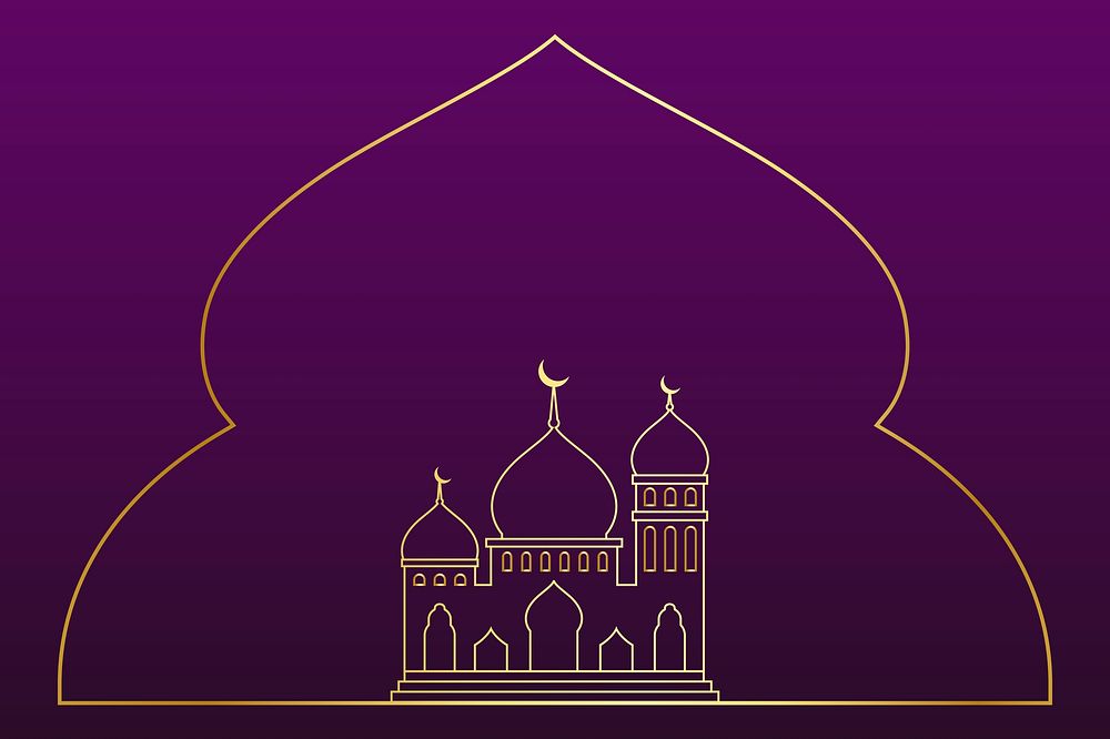Golden Ramadan background line art on dark purple background psd