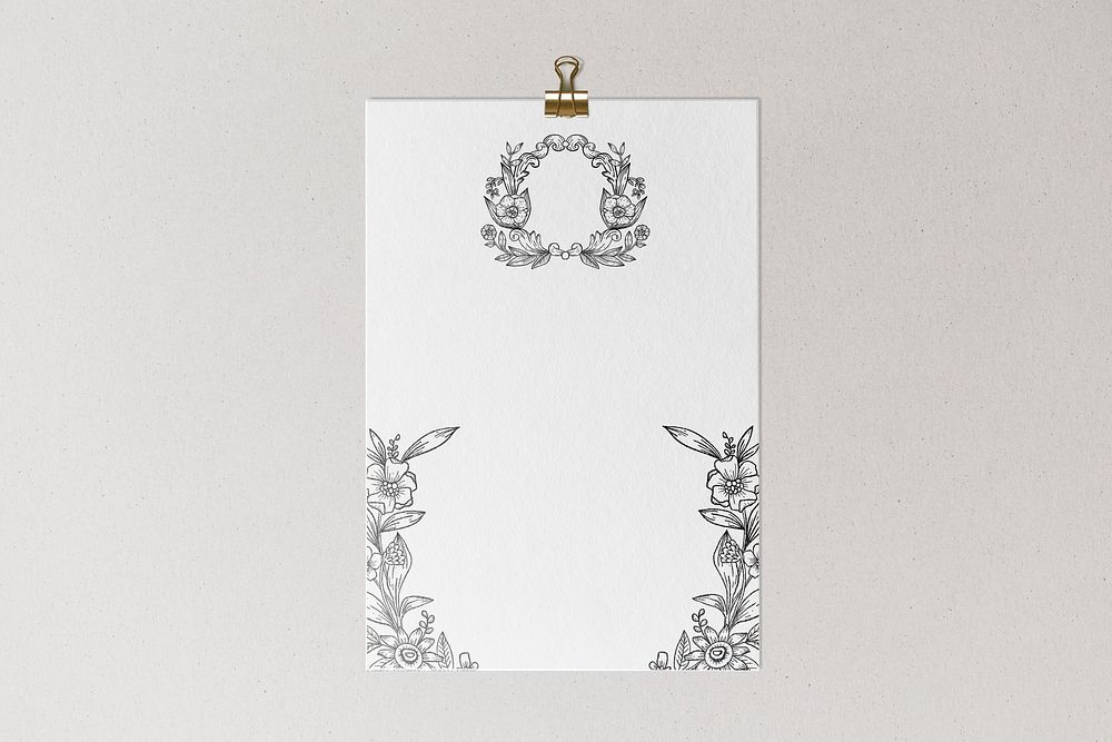 White vintage card on wall, wreath illustration, design space