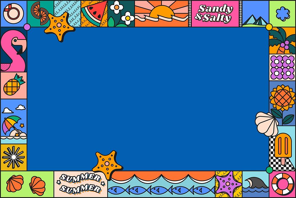 Funky kidcore blue background, tropical vacation pattern 
