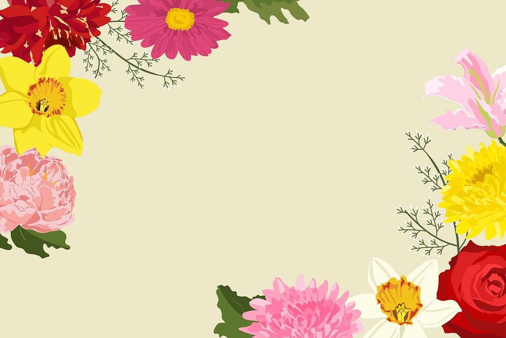 Floral beige background, colorful botanical border frame psd