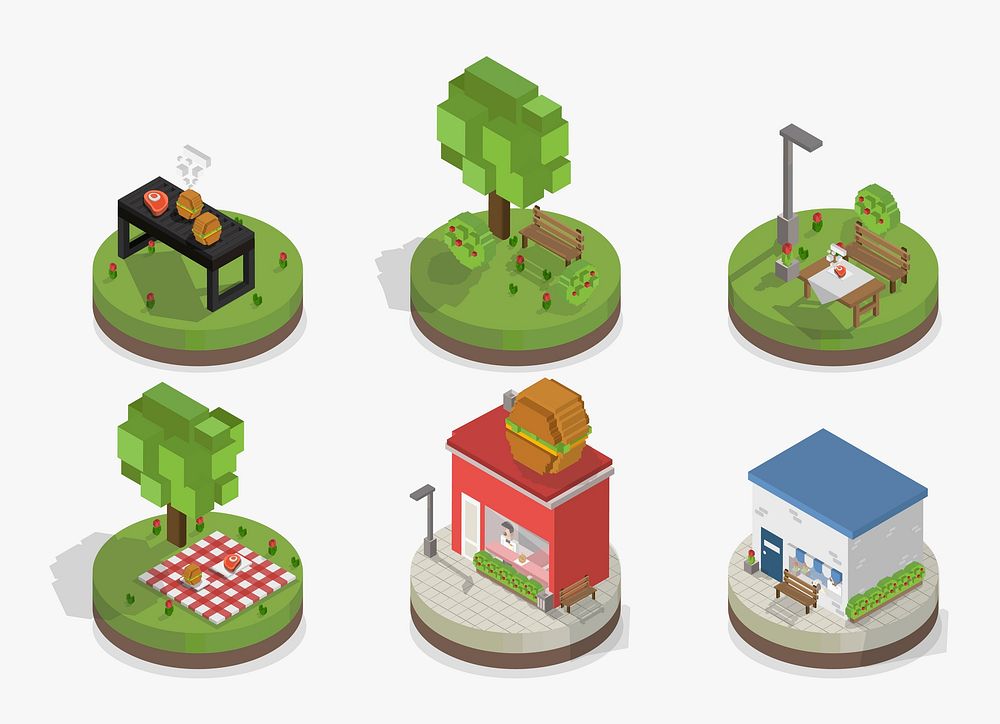 Vector set of pixelated park and city models