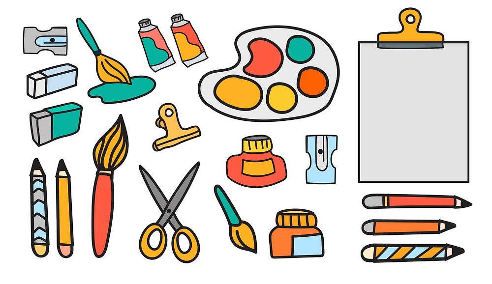 Vector set of art paints stationery doodle style