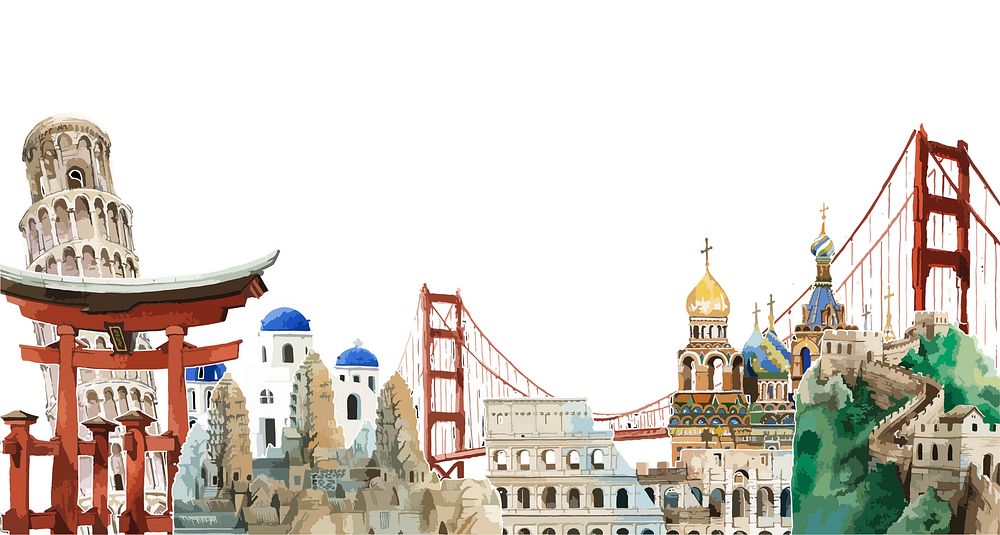Collection of architectural landmarks around the world watercolor illustration