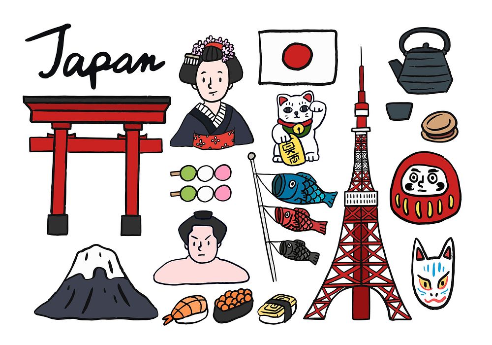 Collection of iconic symbols of Japan