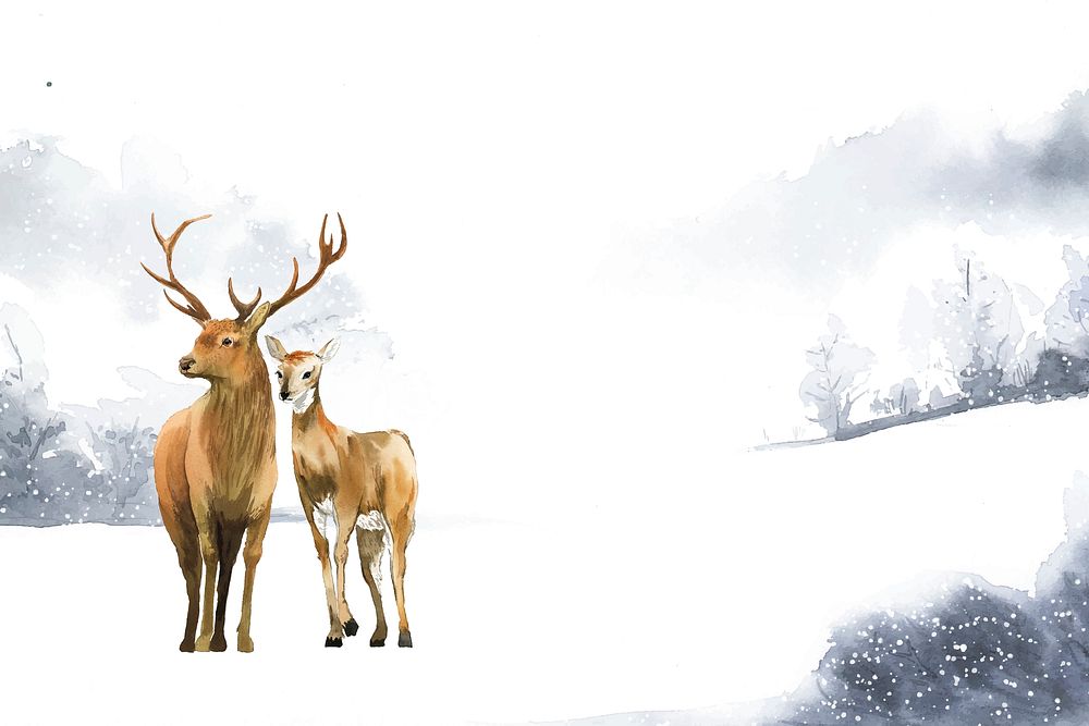 Hand-drawn pair of deer in a winter landscape watercolor style vector