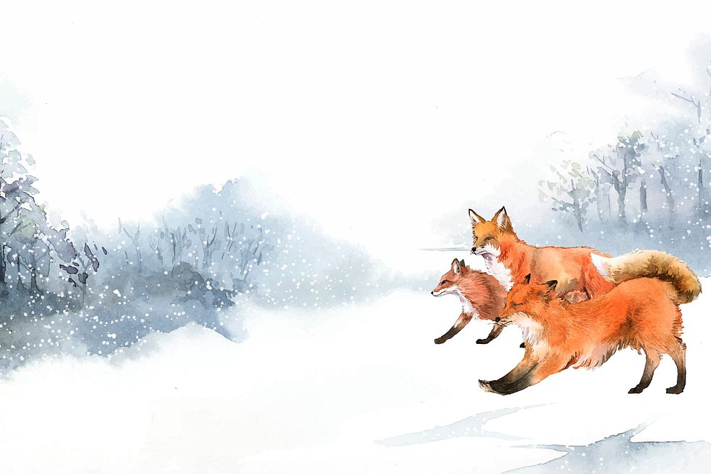 Hand-drawn foxes running in the snow watercolor style