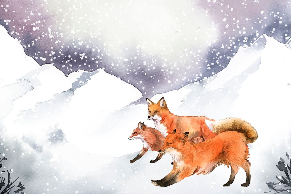 Hand-drawn foxes running in the snow watercolor style