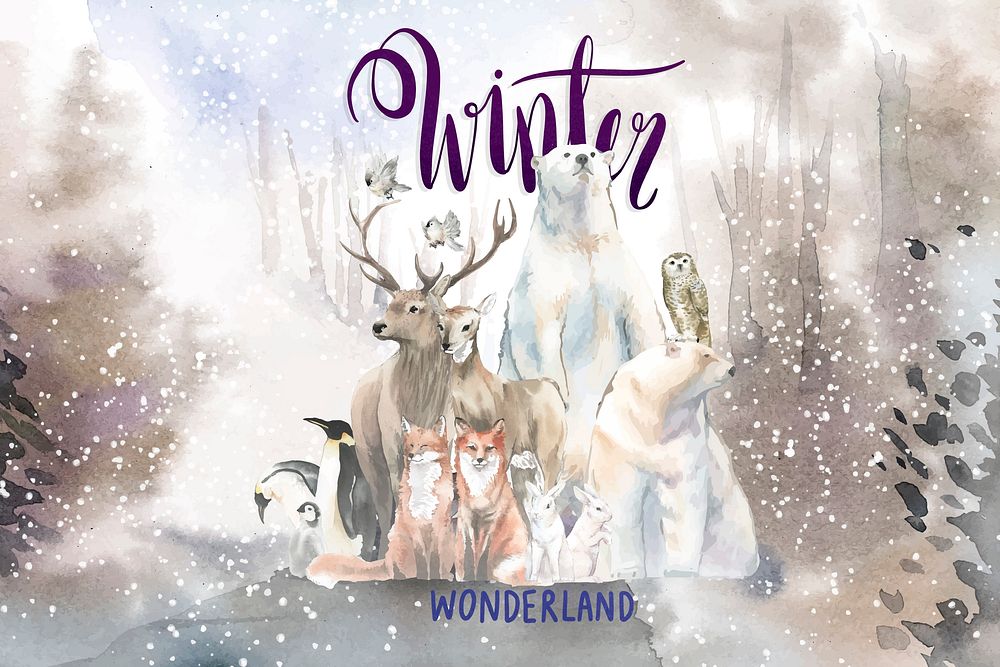 Group of wild animals in a winter wonderland painted din watercolor