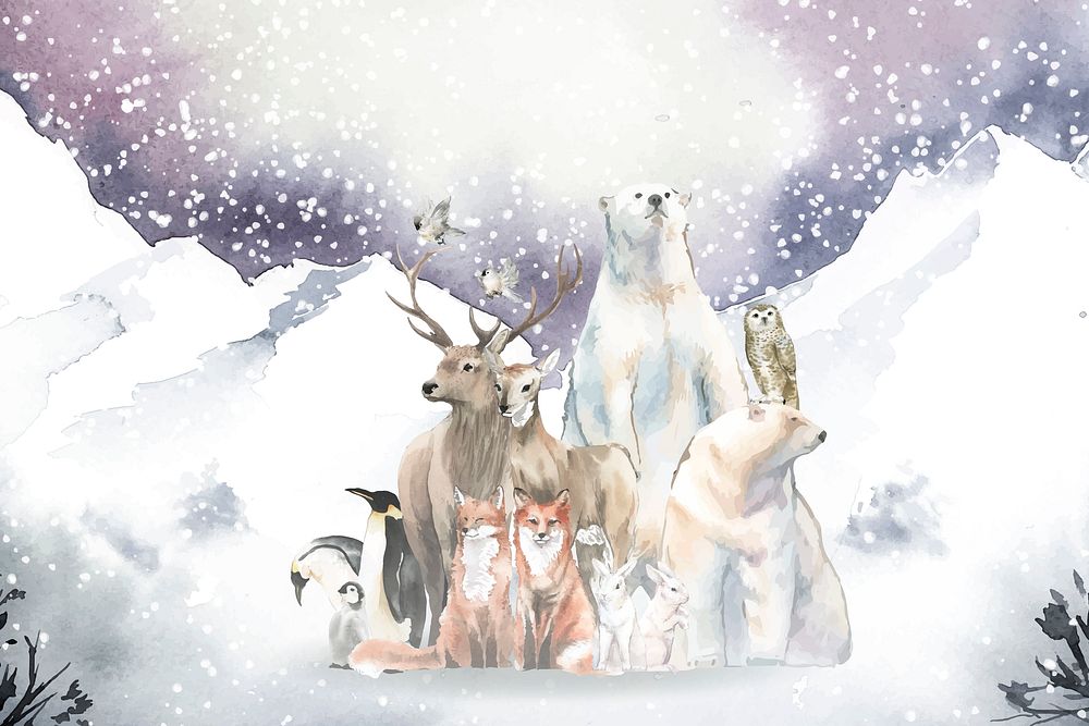 Group of wild animals in the snow drawn in watercolor