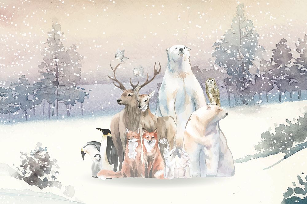 Group of wild animals in the snow drawn in watercolor