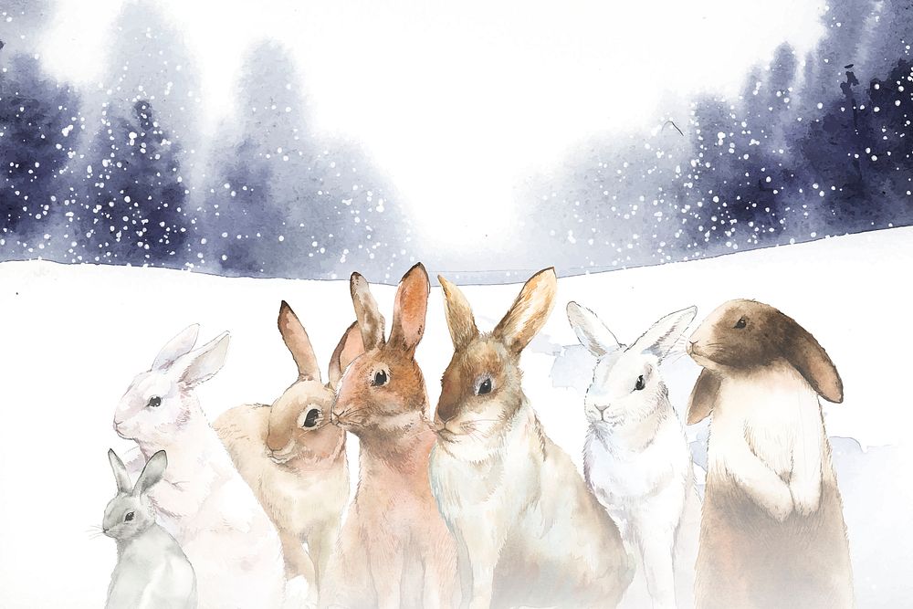 Wild rabbits in the winter snow painted by watercolor vector