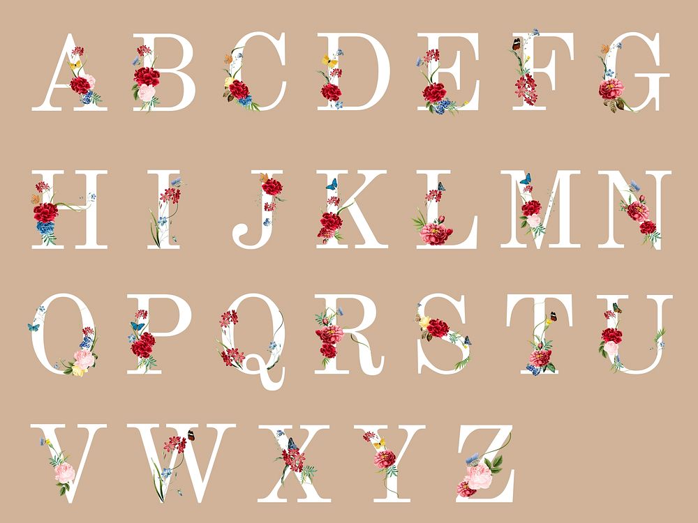 Botanical alphabet with tropical flowers illustration