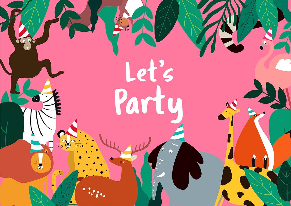 Animal in cartoon style party invitation card vector