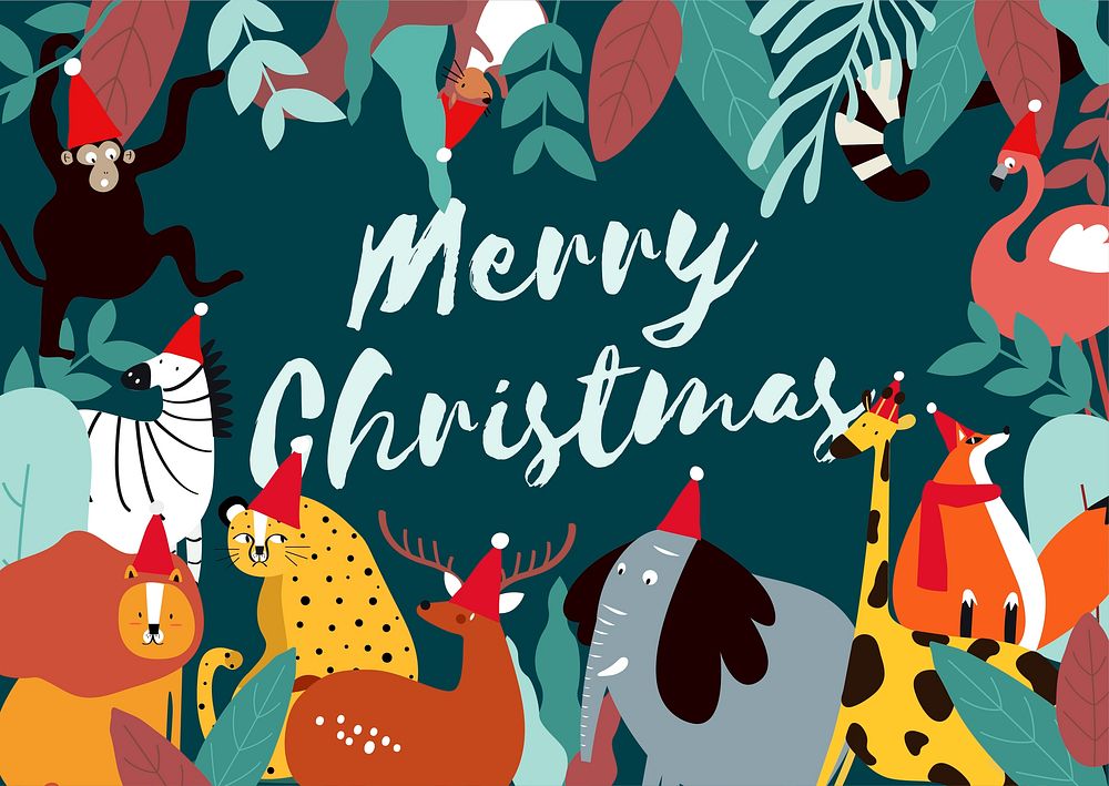 Merry Christmas animal theme card vector