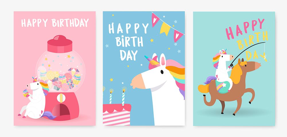 Set of colorful unicorn birthday card vectors