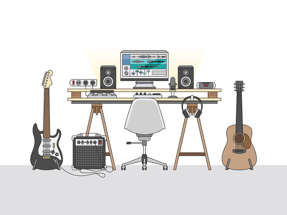 Workspace of an audio engineer or a music producer