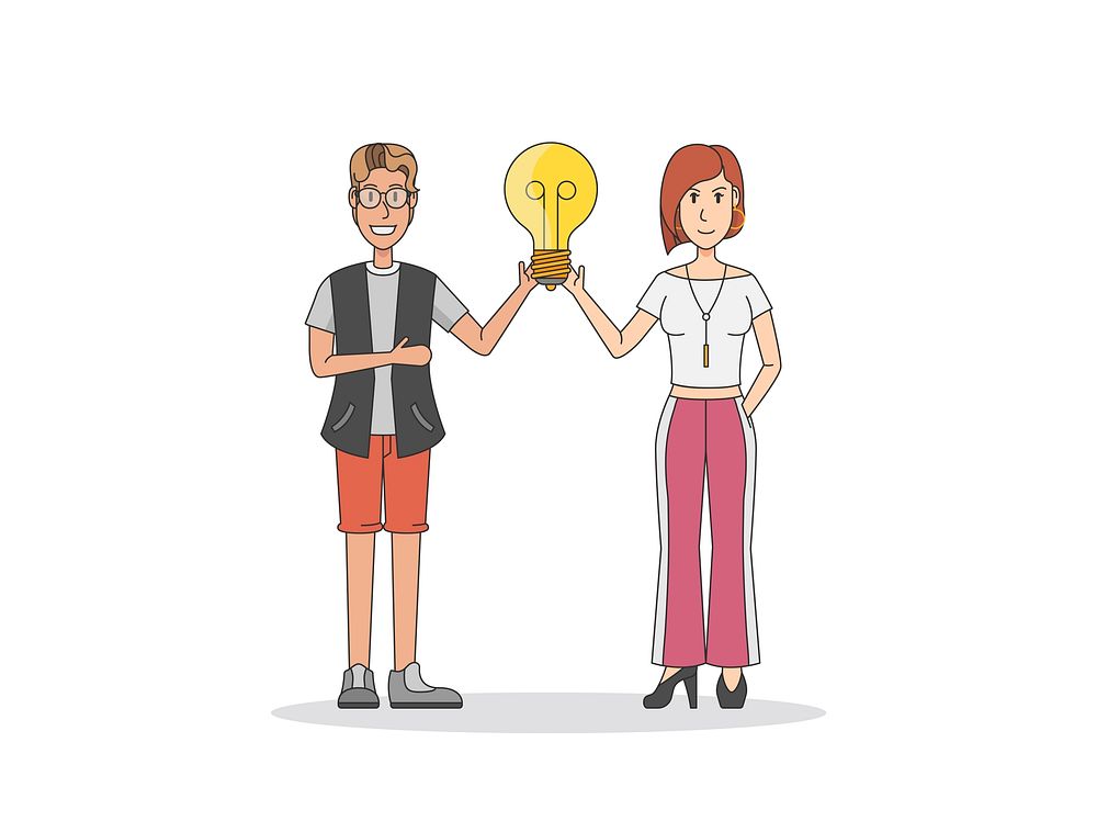 Illustration of people with ideas holding a lightbulb