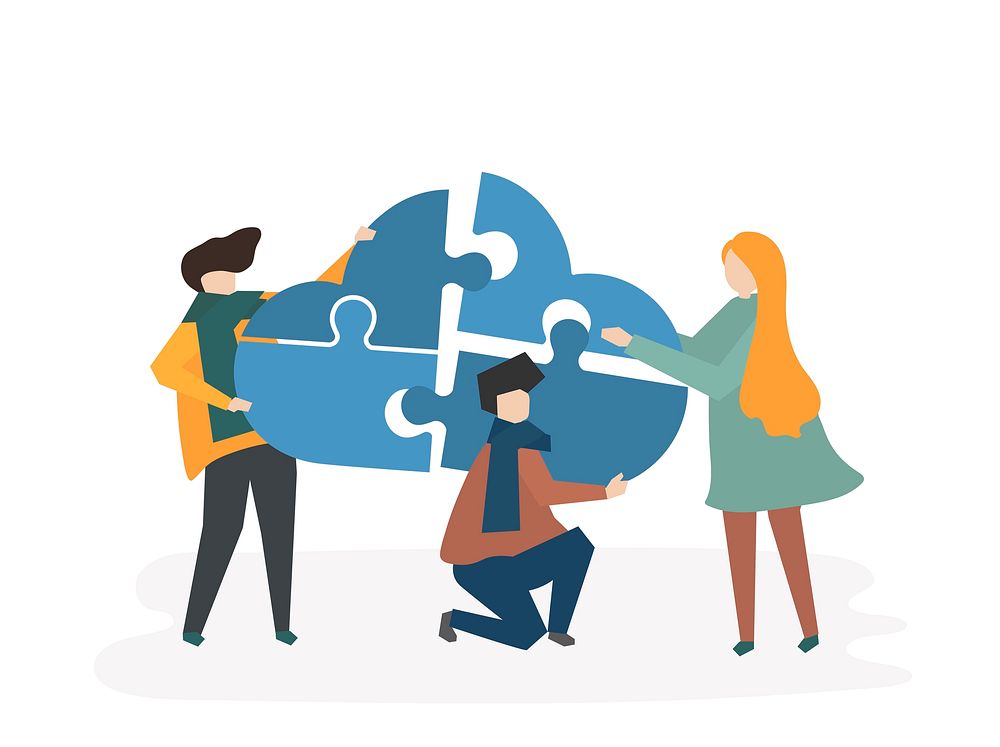 Illustration of teamwork with people connecting pieces of a cloud