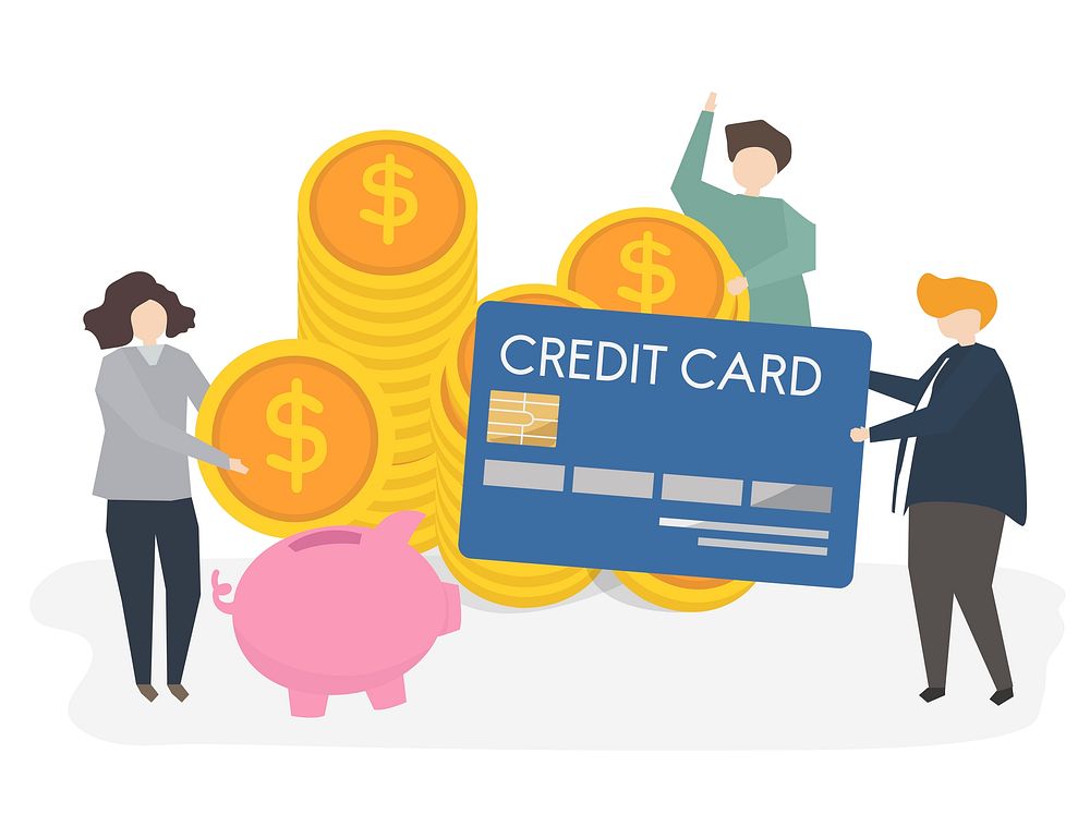 Illustration of people with credit card and money