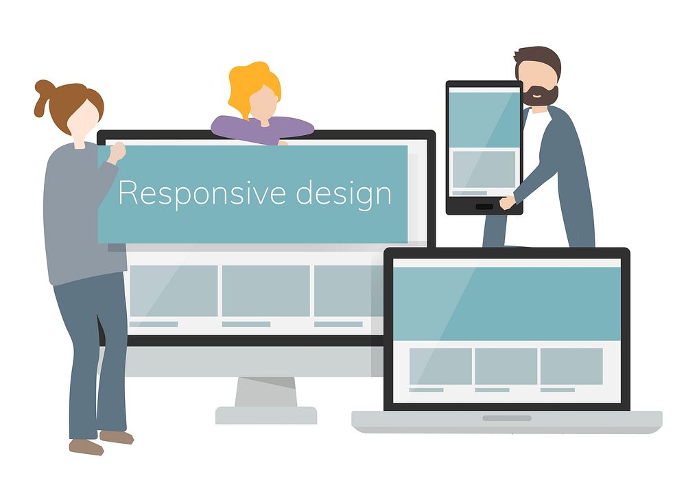 Illustration of characters and responsive web design concept