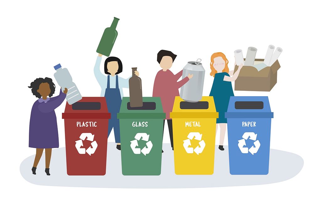 People sorting garbage into recycle bins