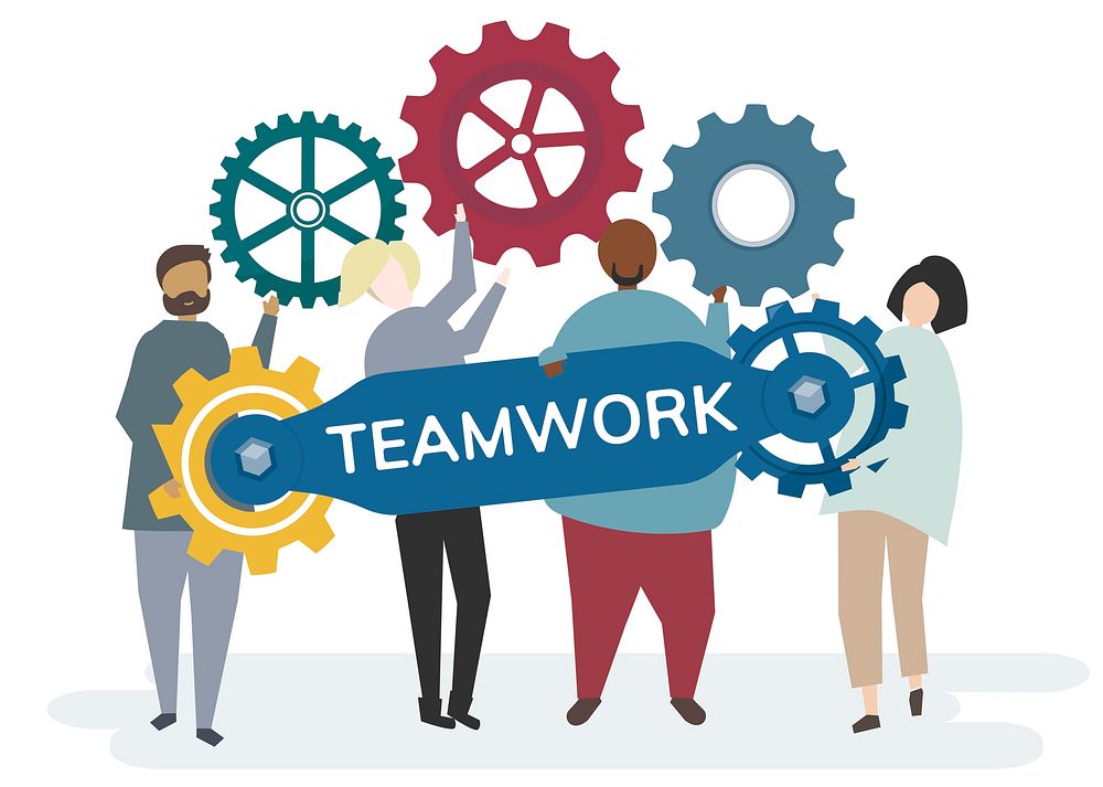 Illustration of character with cogwheel gears portraying teamwork concept
