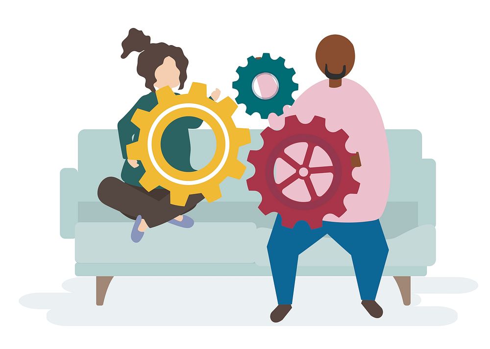 Illustration of a couple characters with cogwheels