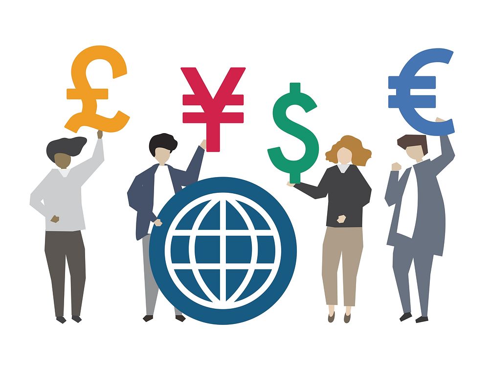 People holding global currency symbol illustration