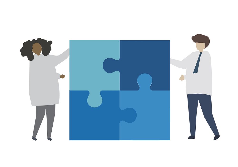 Teamwork connecting jigsaw puzzle piece