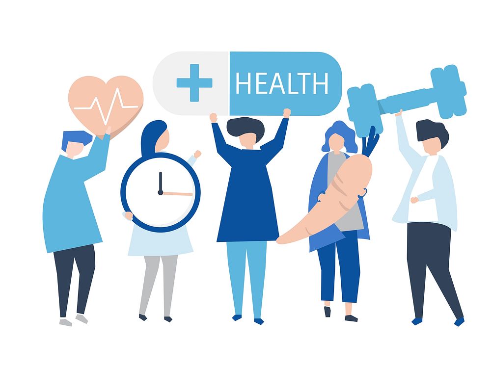 Charactes of people holding health icons illustration