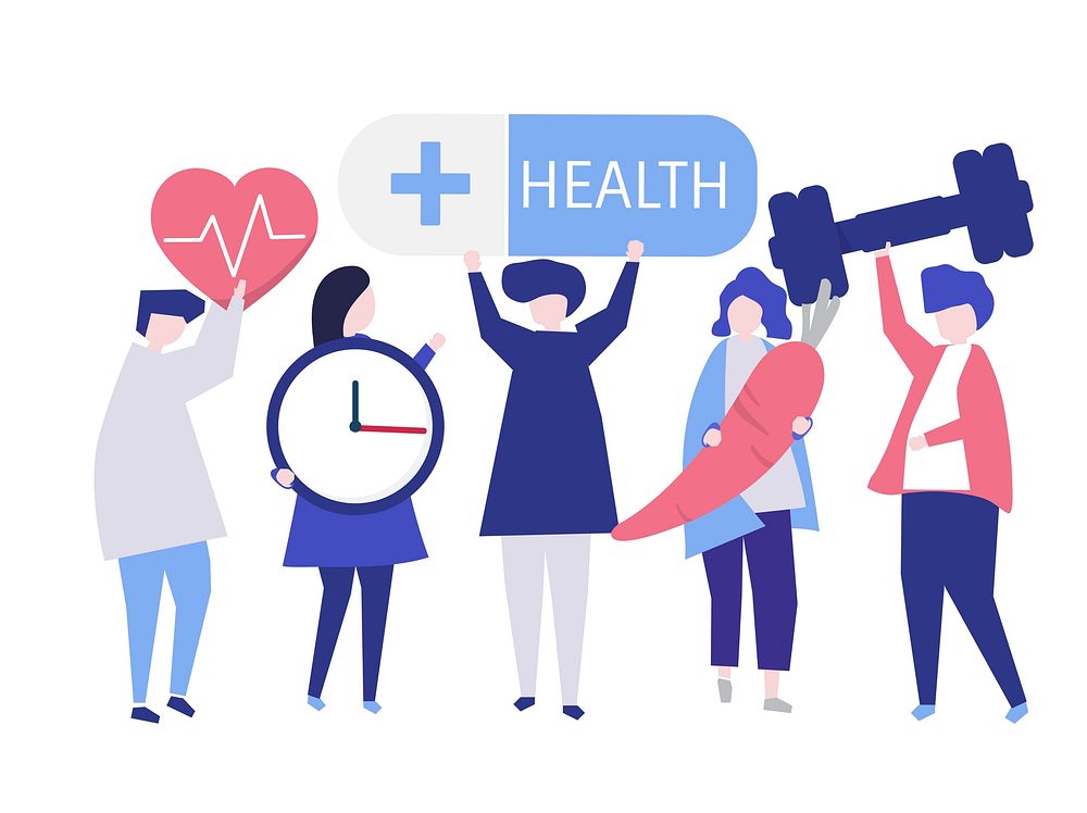 Charactes of people holding health icons illustration