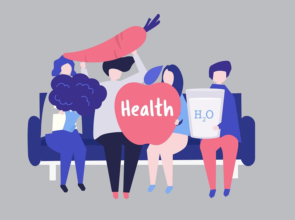 Characters of people holding health icons illustration