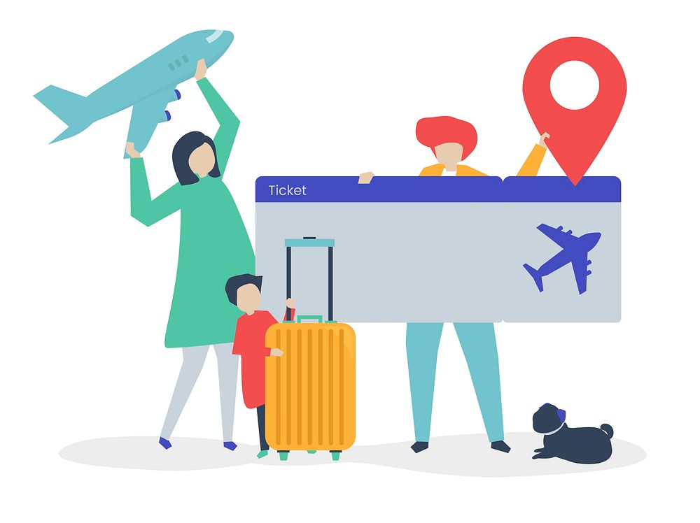 Characters of people holding travel icons illustration