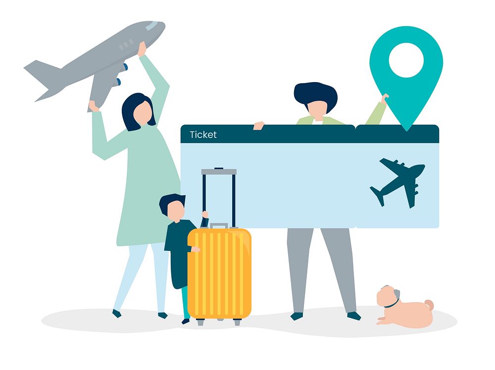 Characters of people holding travel icons illustration