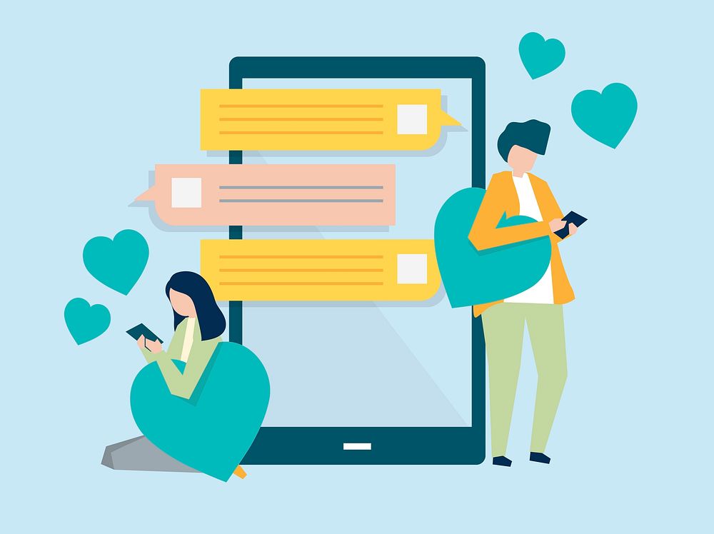 Characters of a couple messaging on a mobile illustration