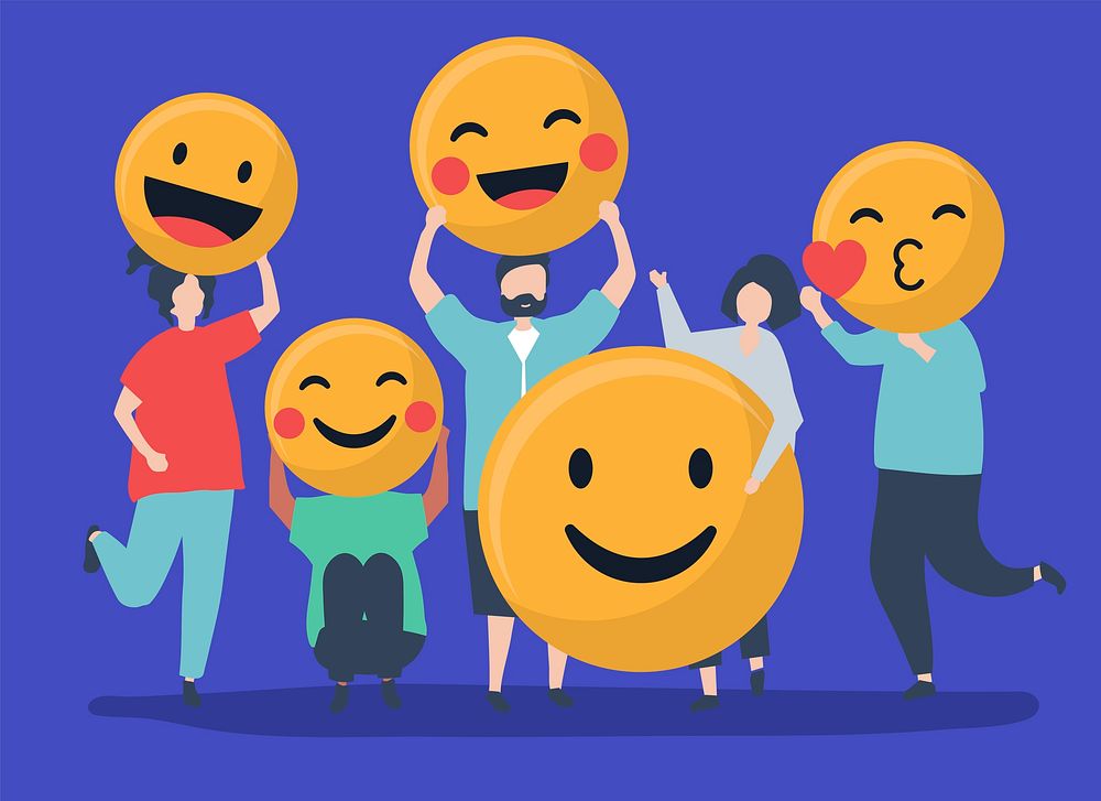 Characters of people holding positive emoticons illustration