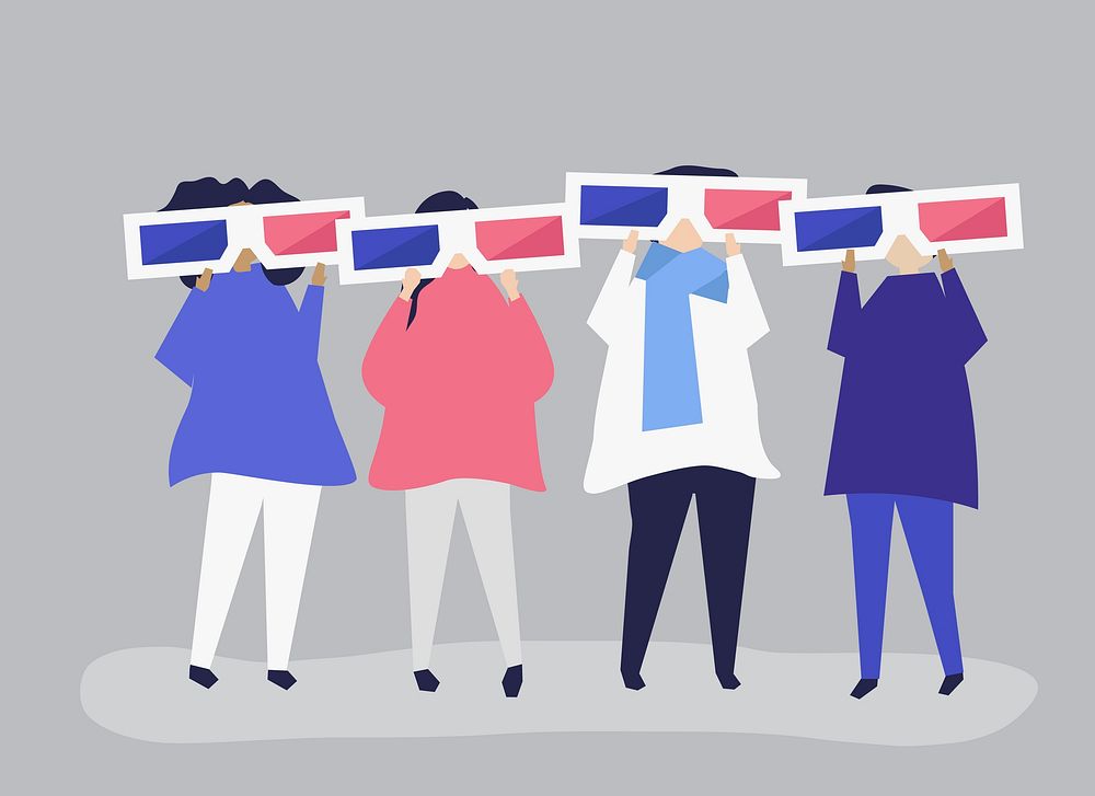 Characters of people holding 3d glasses illustration
