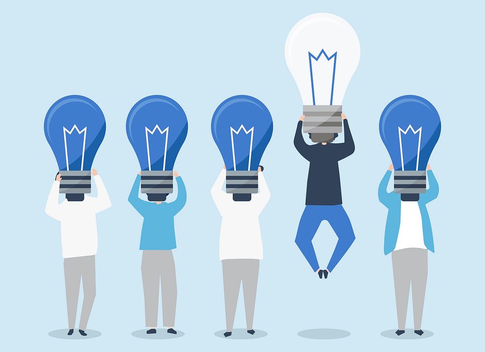Person with a light bulb head standing out illustration