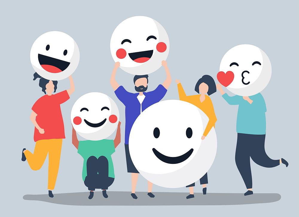 Characters of people holding positive emoticons illustration